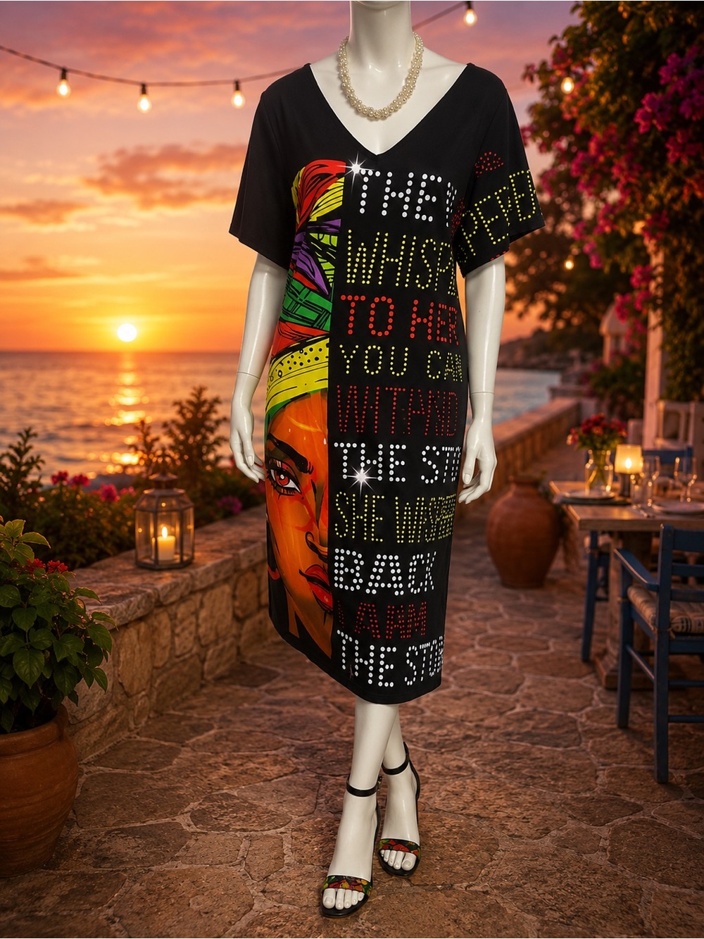 Graphic V-Neck Midi Dress with Colorful Face Print